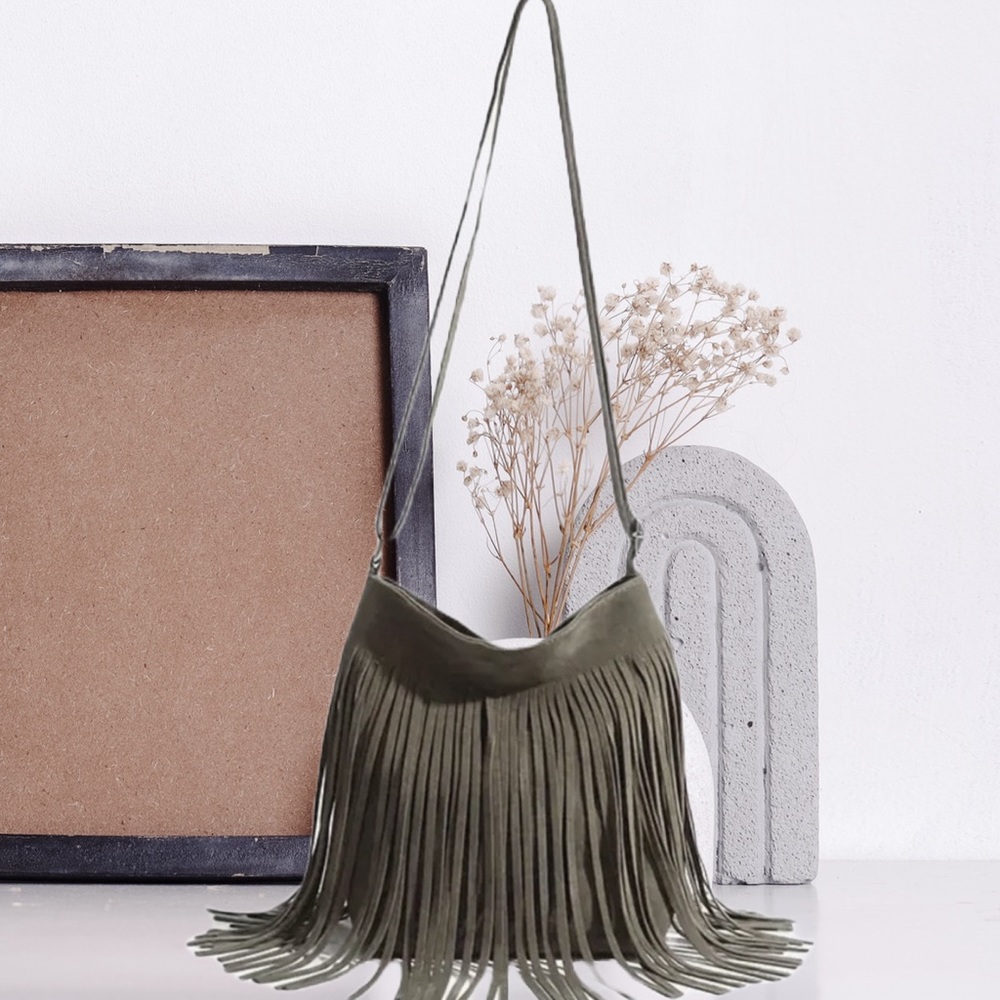 Gray Fringe Crossbody Hobo Bag Vegan Leather Boho Western NWOT